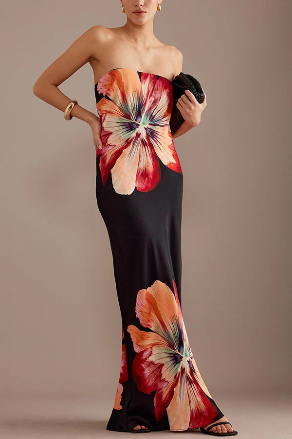 LM | Charming Lady Satin Floral Print Bandeau Loose Maxi Dress