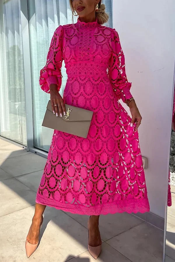 LM | Romantic, Sensual and Elegant Crochet Lace Lantern Sleeve Party Midi Dress
