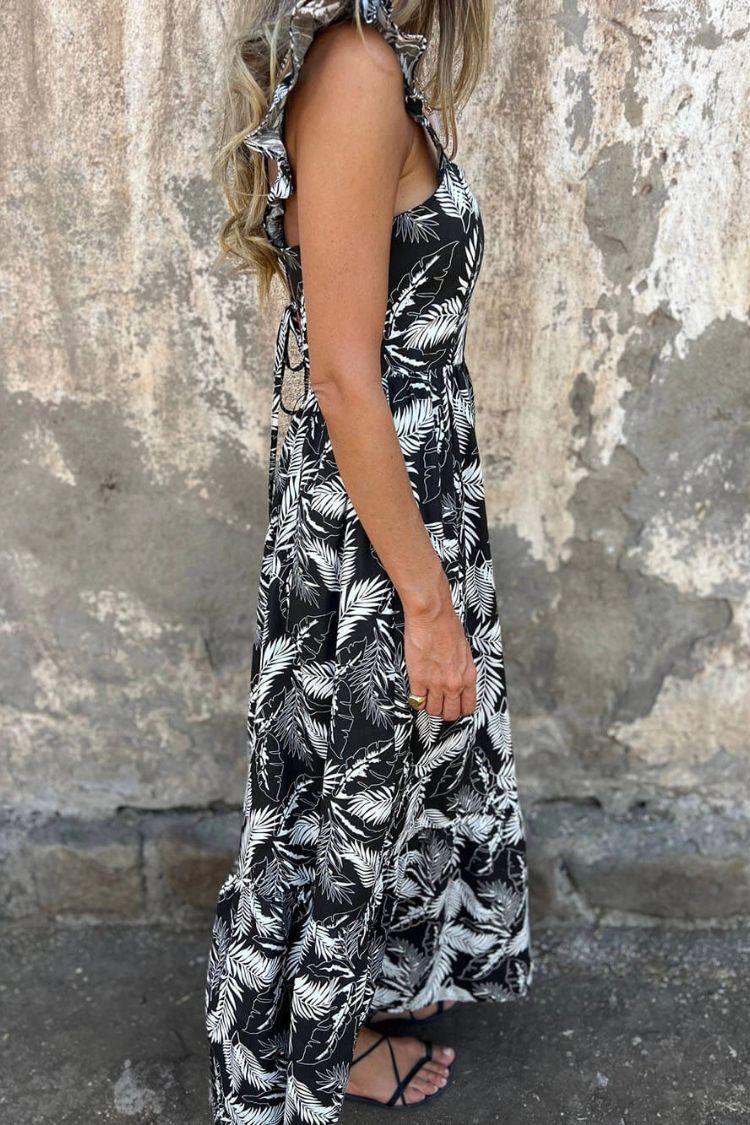 LM | Elegant hollow tie feather print ruffle sleeve maxi dress