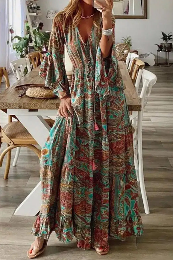 LM | V-Neck Loose Peris Print Vacation Long Sleeve Maxi Dress