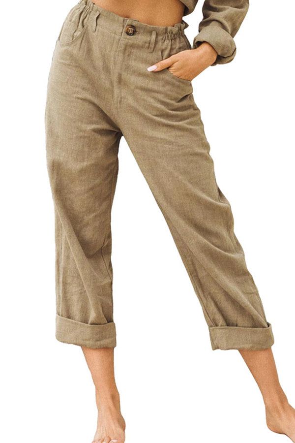 LM | Solid color cotton and linen fashionable loose high waist casual pants