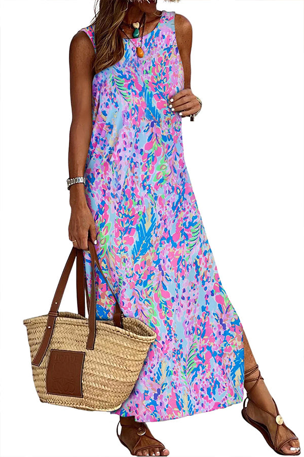 LM | Purple Fluorescent Printed Round Neck Sleeveless Maxi Dress
