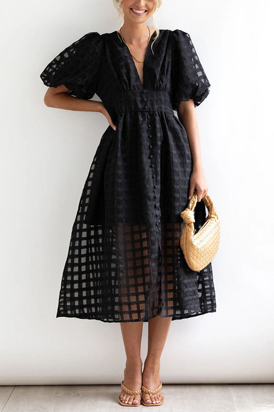 LM | Remarkable Beauty Square Patterned Fabric Puff Sleeve Party Midi Dress