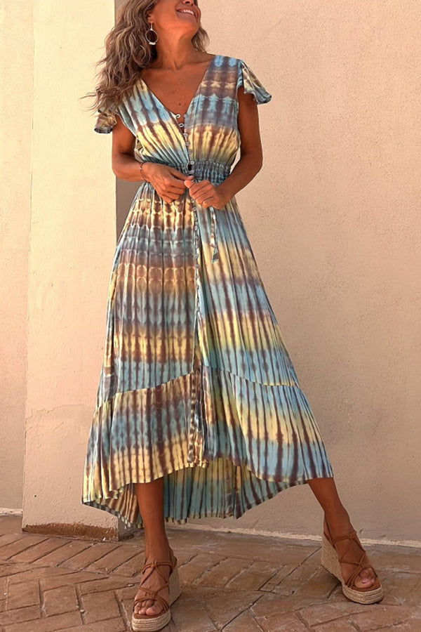 LM | Lorina Tie-dye Print Button Smocked Waist Backless Midi Dress