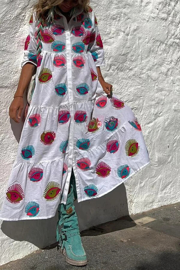 LM | Take Me To Cabo Ethnic Unique Print Button Loose Shirt Midi Dress