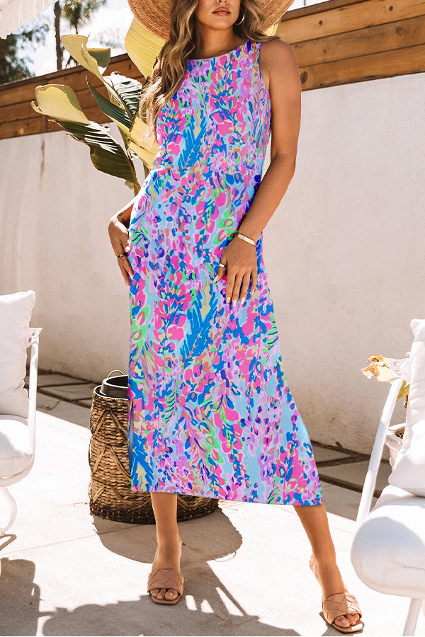 LM | Purple Fluorescent Printed Round Neck Sleeveless Maxi Dress