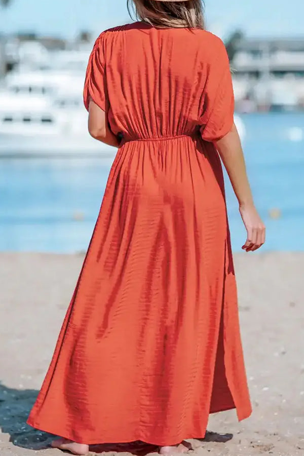 LM | Overcut neckline Split hem Gathered maxi dress