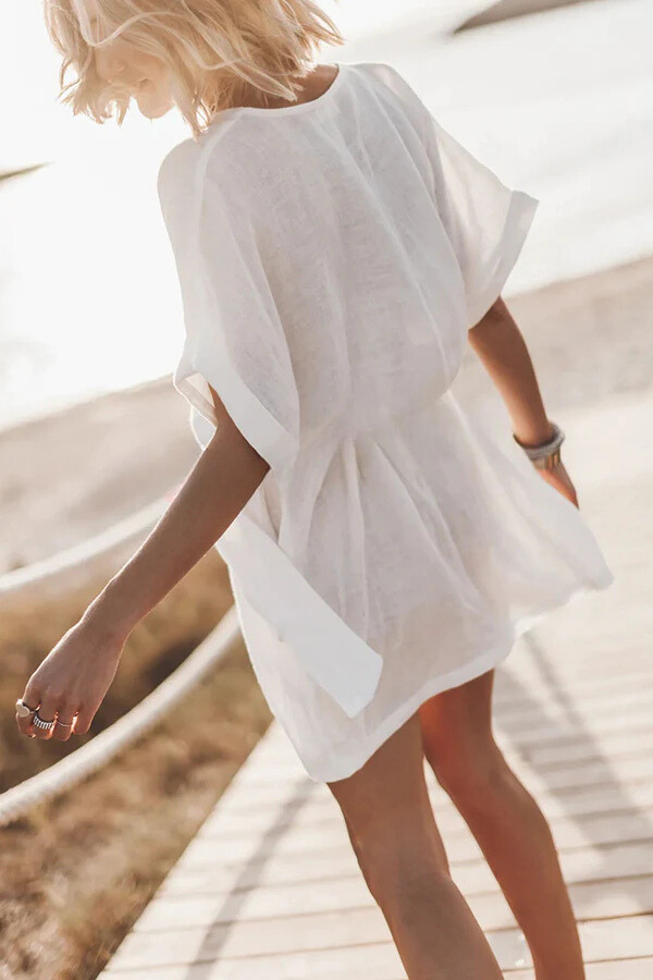 LM | cotton-linen blend pocket belt kimono mini dress