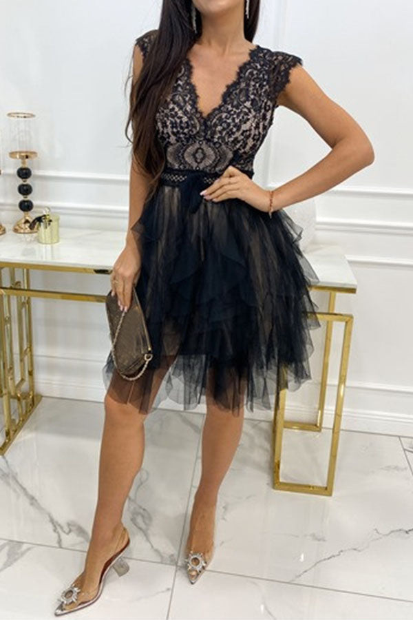 LM | V-neckline Sleeveless lace midi dress