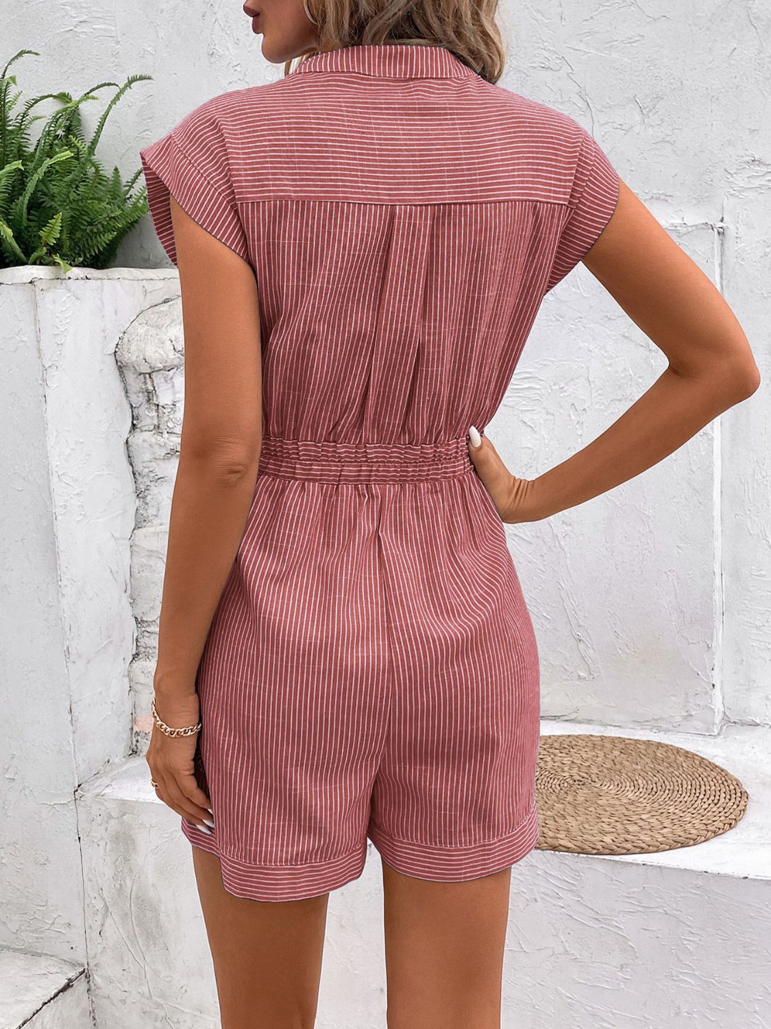 LM | Striped, notched romper with tie
