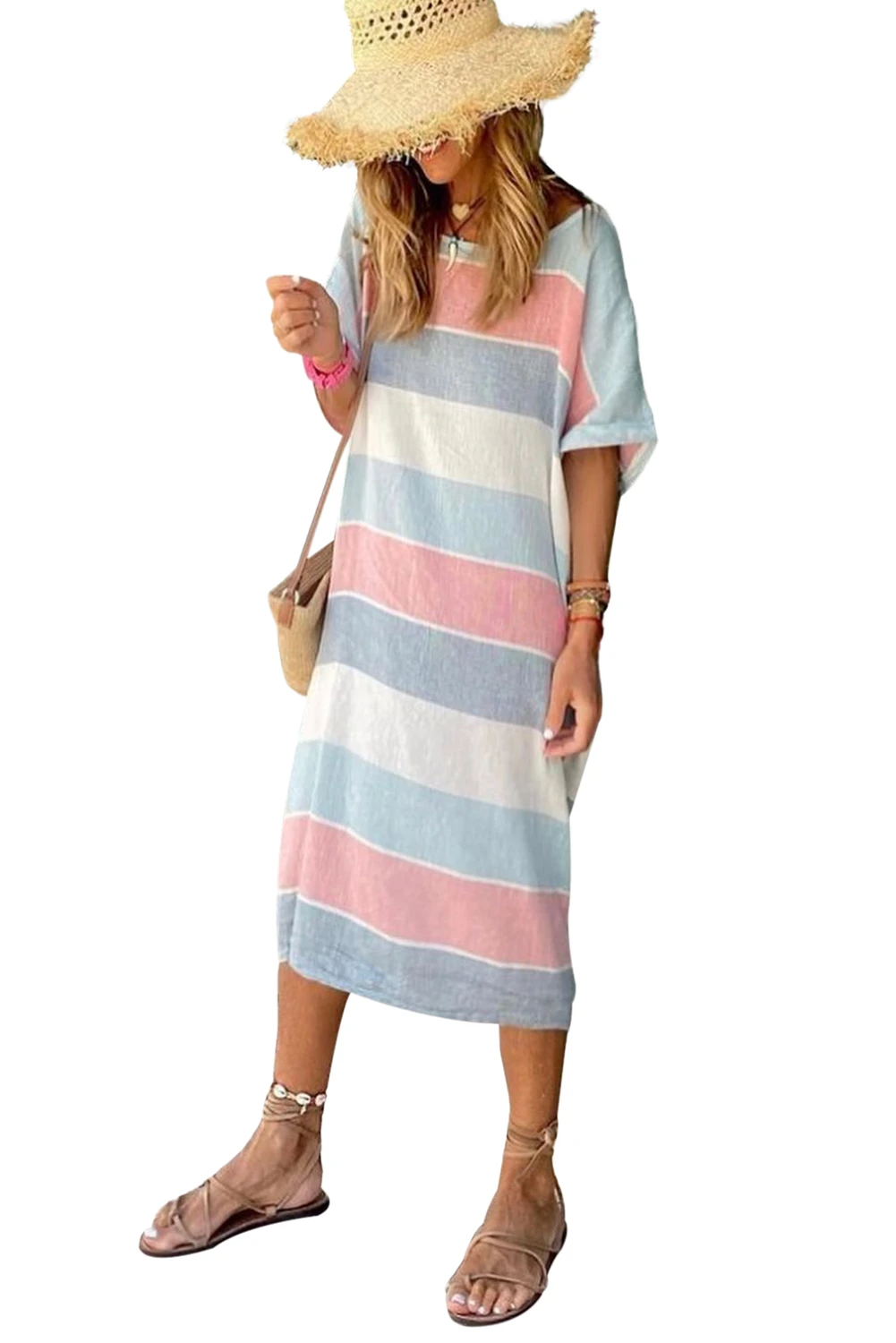 LM | Multicolor Striped Color Block Loose Fit Half Sleeve Maxi Dress