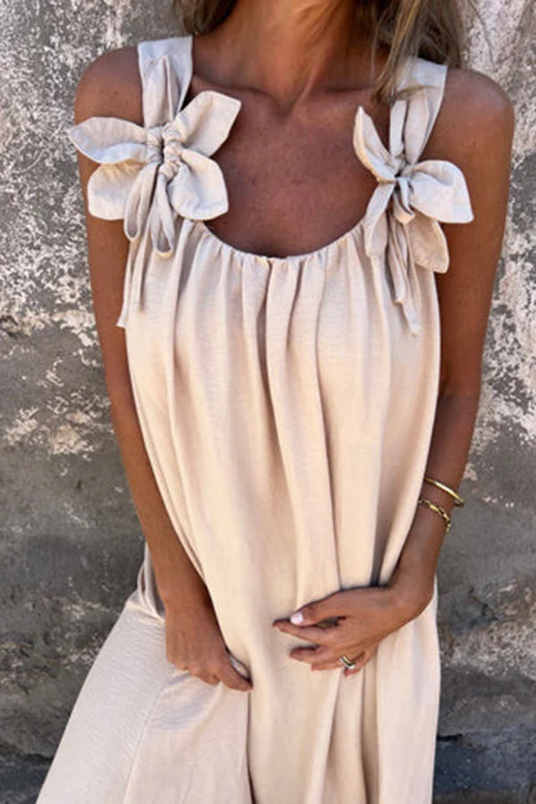 LM | Solid Floral Embellished Sleeveless Loose Maxi Dress