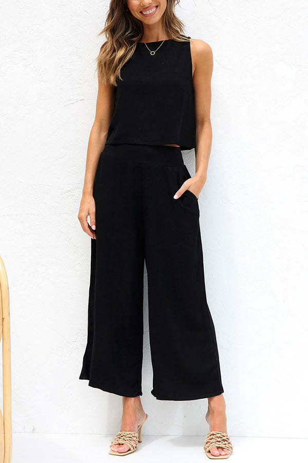 LM | Khiara Basic Button Crop Top and Pocketed Pants Set