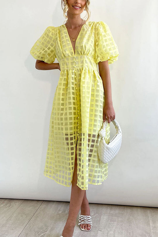 LM | Remarkable Beauty Square Patterned Fabric Puff Sleeve Party Midi Dress