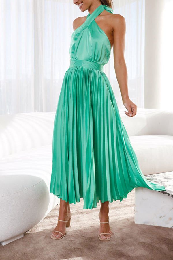LM | Beaming Smile satin halterneck pleated midi dress