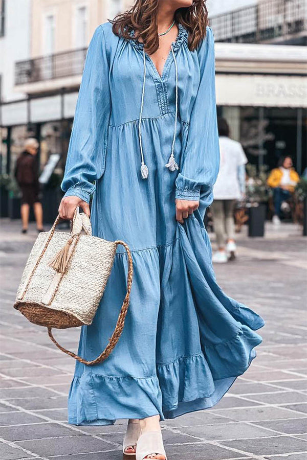 LM | Denim long-sleeved maxi dress with V-neck and ruffles