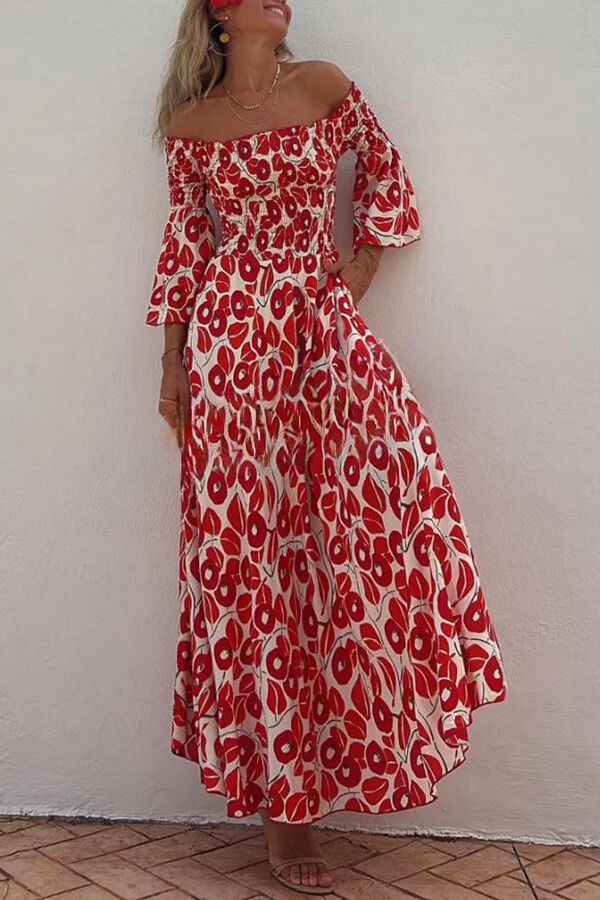 LM | Close To The Vacation Floral Print Smocked Off Shoulder Pocketed Maxi Dress