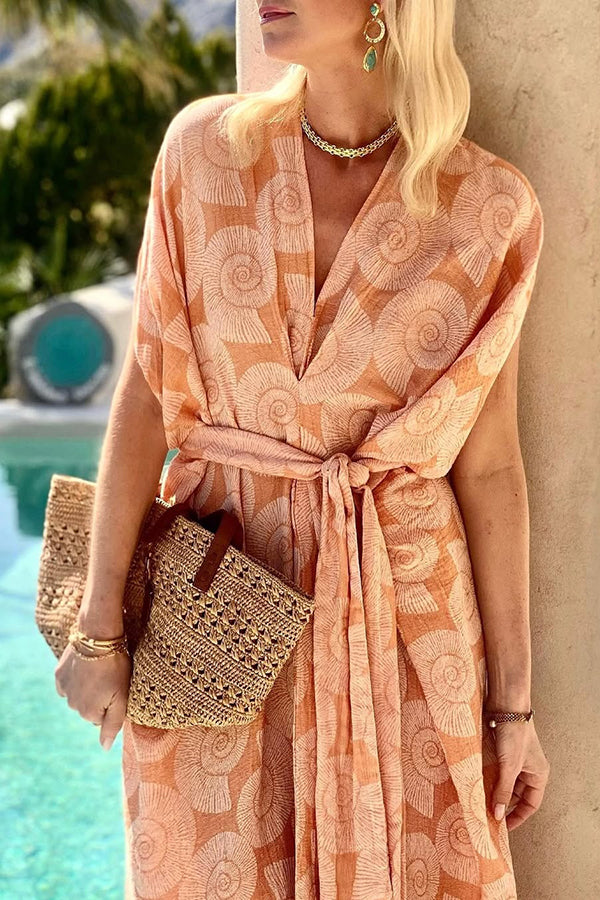 LM | Fashion Conch Print V-Neck Lace-Up Beach Midi Dress