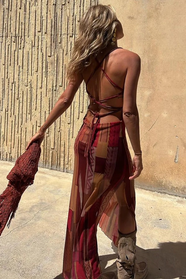 LM | Gypsy Style Unique Print Cowl Neck Back Lace Up Slit Midi Dress