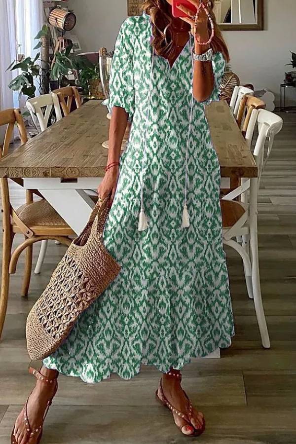 LM | Geometric print Casual V-neck maxi dress