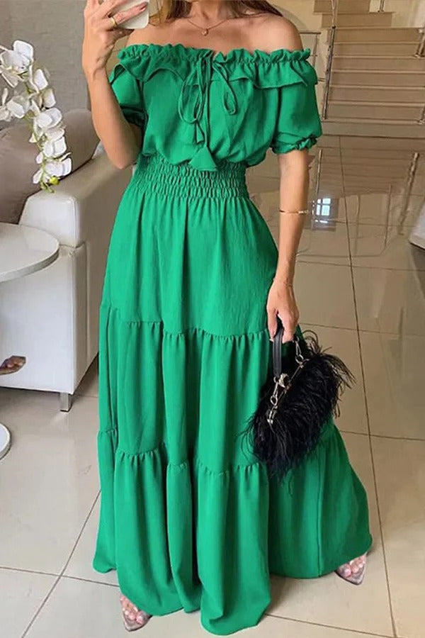 LM | Admit Your Feelings Off-the-shoulder maxi dress with smocked waist