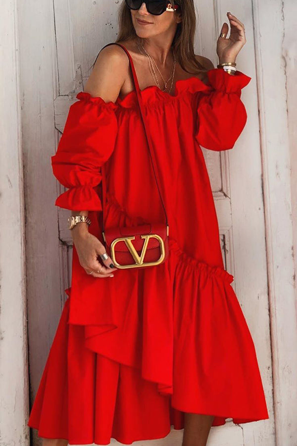LM | Fionna Off Shoulder Ruffle Irregular Trim Loose Midi Dress