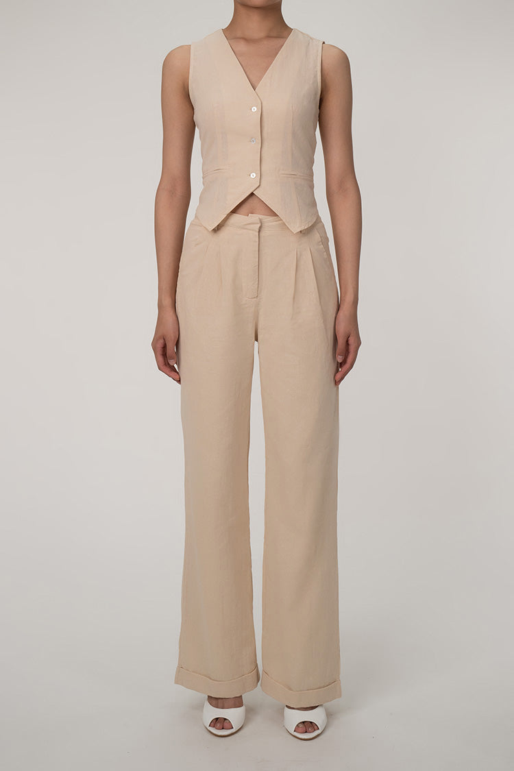 LM | Casual V-neck button front vest wide leg two-piece cotton pleated pants set