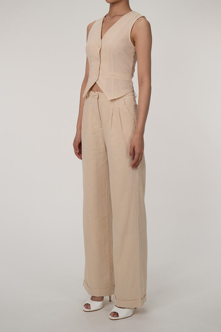 LM | Casual V-neck button front vest wide leg two-piece cotton pleated pants set
