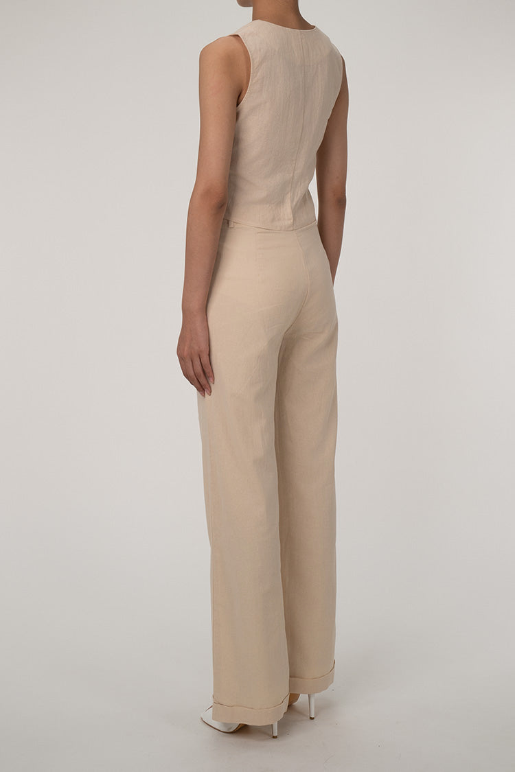 LM | Casual V-neck button front vest wide leg two-piece cotton pleated pants set