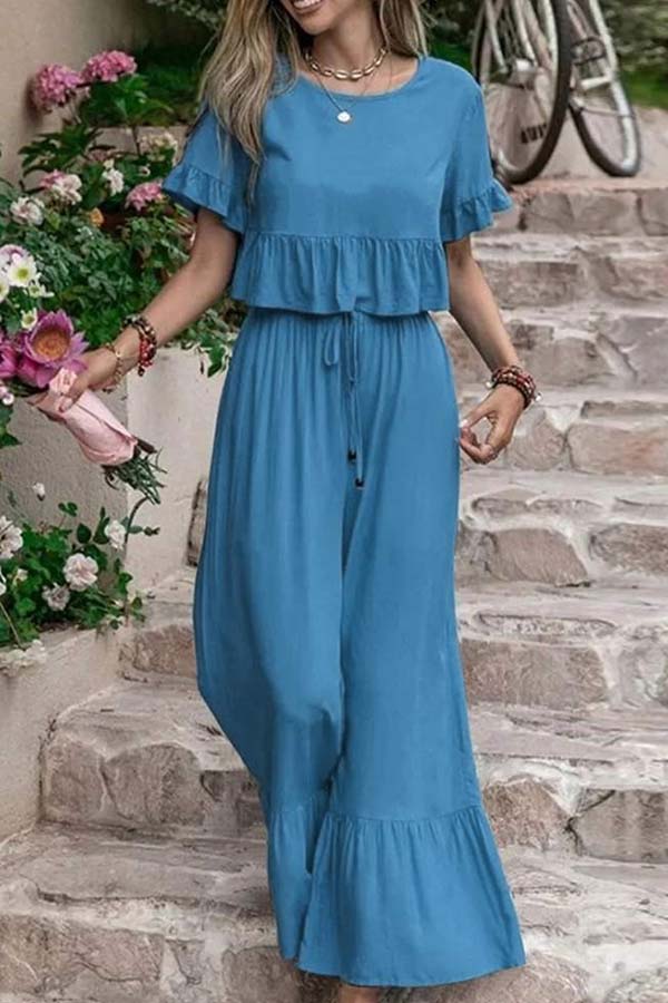 LM | Casual loose monochrome short-sleeved wide leg pants two-piece set