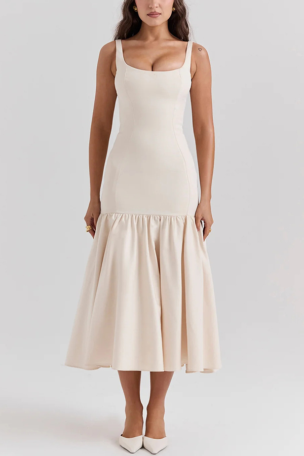 LM | Graceful Silhouette Square Neckline Wide Strap Drop Waist Midi Dress