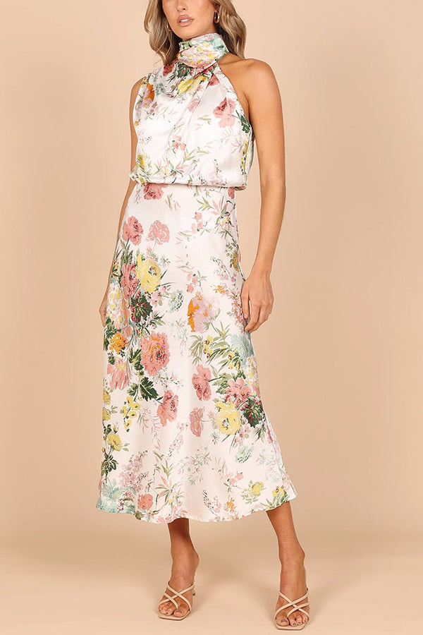 LM | Wine Country Dates Floral Halter Neck Elastic Waist Maxi Dress