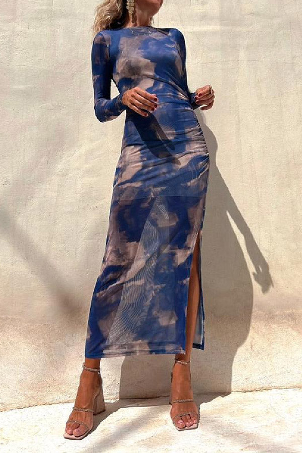 LM | Charm Lady Mesh Overlay Tie Dye Print Long Sleeve Ruffled Stretch Midi Dress