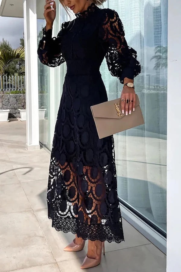 LM | Romantic, Sensual and Elegant Crochet Lace Lantern Sleeve Party Midi Dress