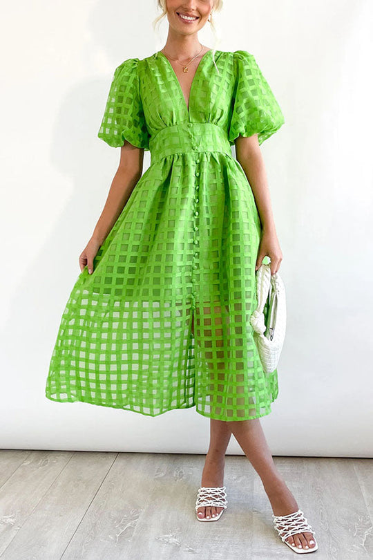 LM | Remarkable Beauty Square Patterned Fabric Puff Sleeve Party Midi Dress