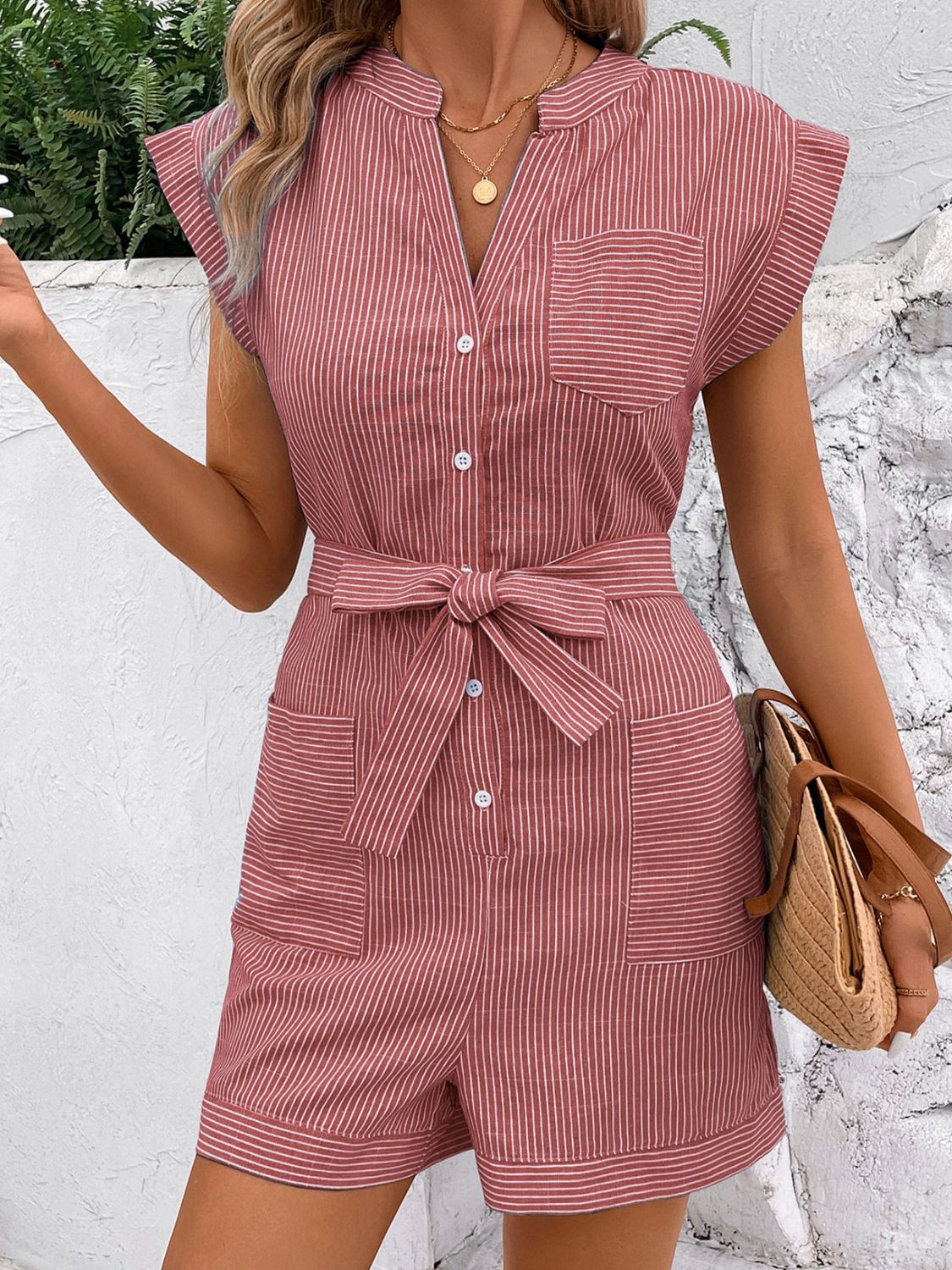 LM | Striped, notched romper with tie