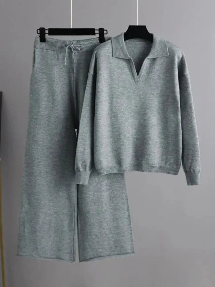 LM | 2 Piece Set Ladies Oversized Tracksuit Polo Collar Sweater and Pants