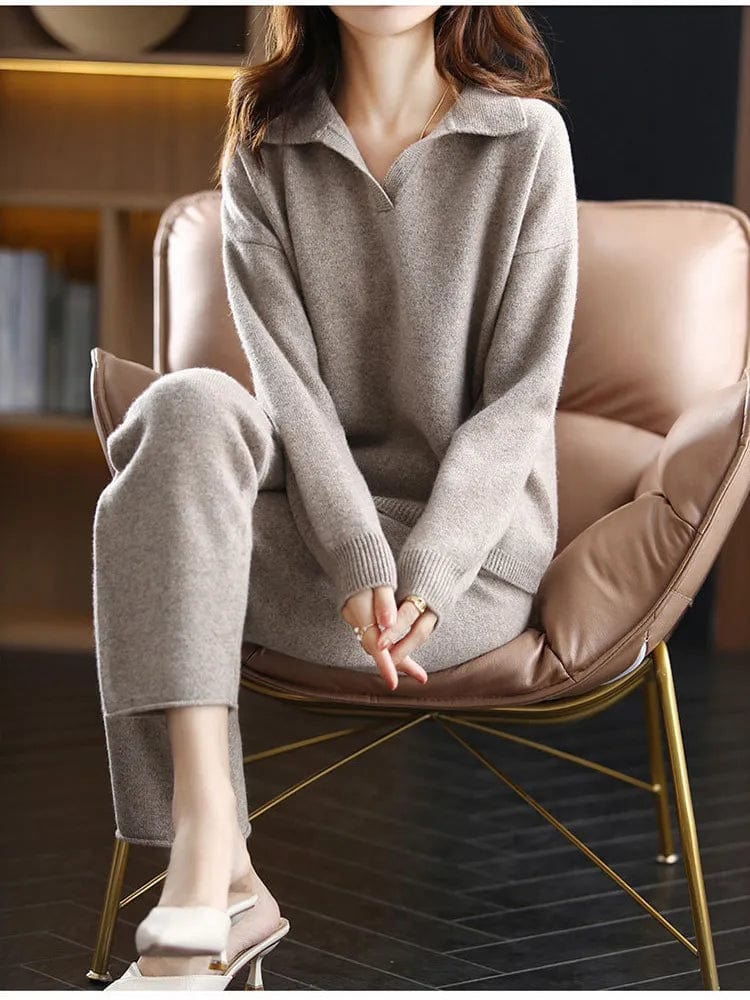 LM | 2 Piece Set Ladies Oversized Tracksuit Polo Collar Sweater and Pants