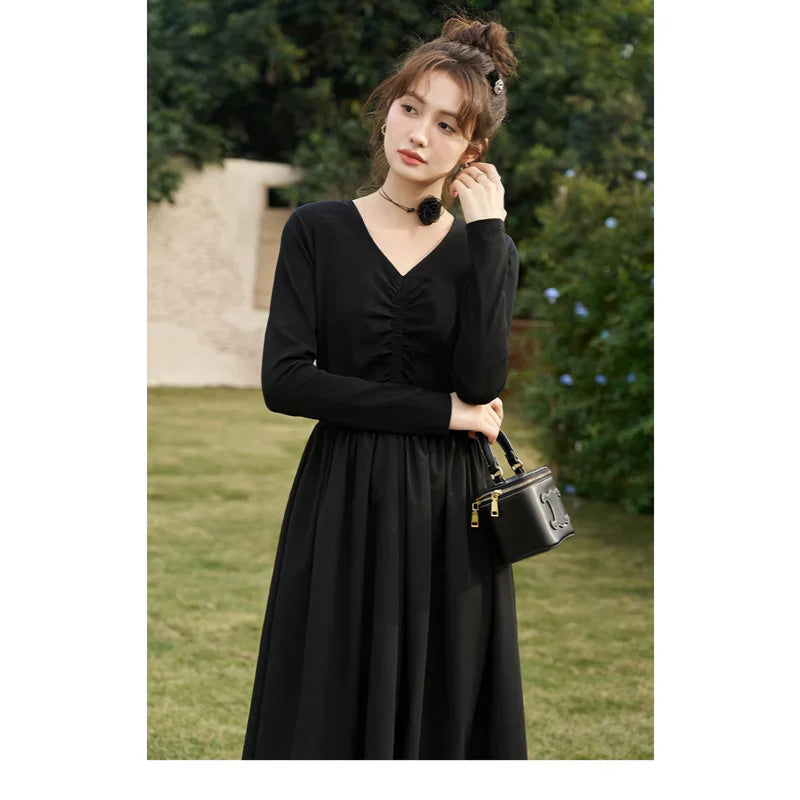 LM | Elegant Black Knitted Smocked V-Neck A-Line Midi Dress