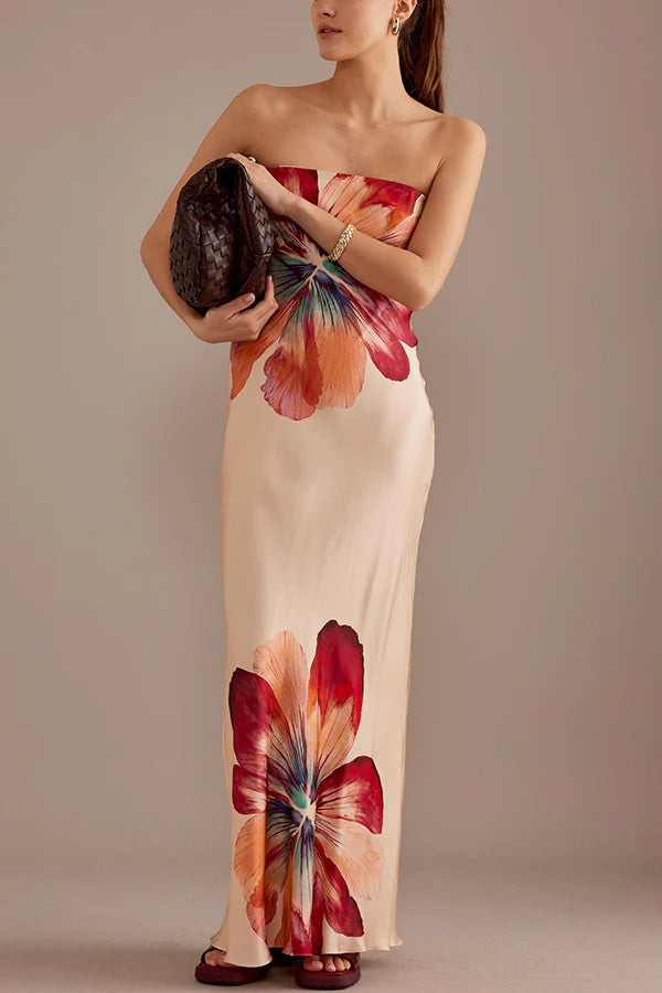 LM | Charming Lady Satin Floral Print Bandeau Loose Maxi Dress