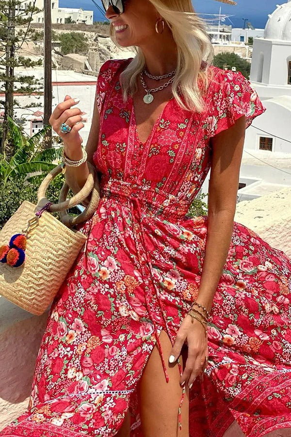LM | Summer in Greece Boho Print Ruffle Sleeves Elastic Waist High-Low Midi Dress