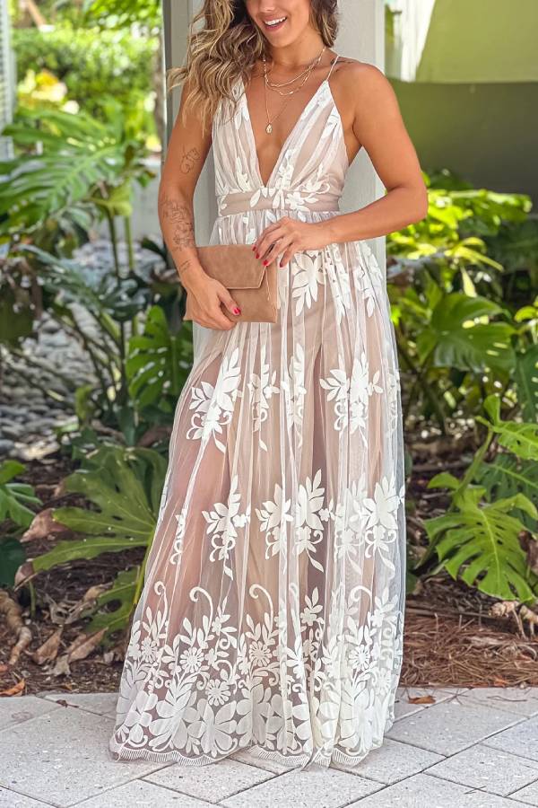 LM | White and Beige Cross Back Floral Tulle Maxi Dress