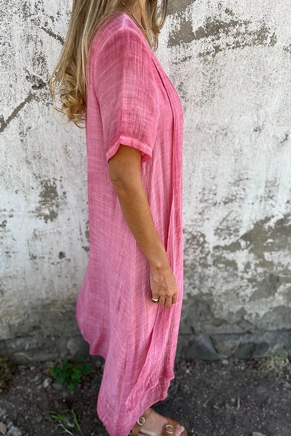 LM | Bayside Bliss linen blend short sleeve pleated loose midi dress