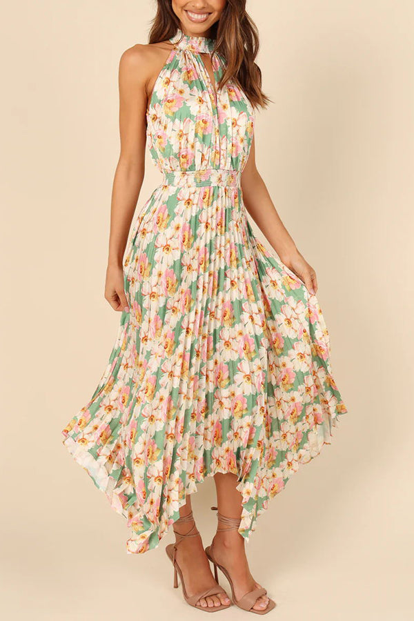 LM | Luxe Look Satin Pleated Halter Elastic Waist Midi Dress