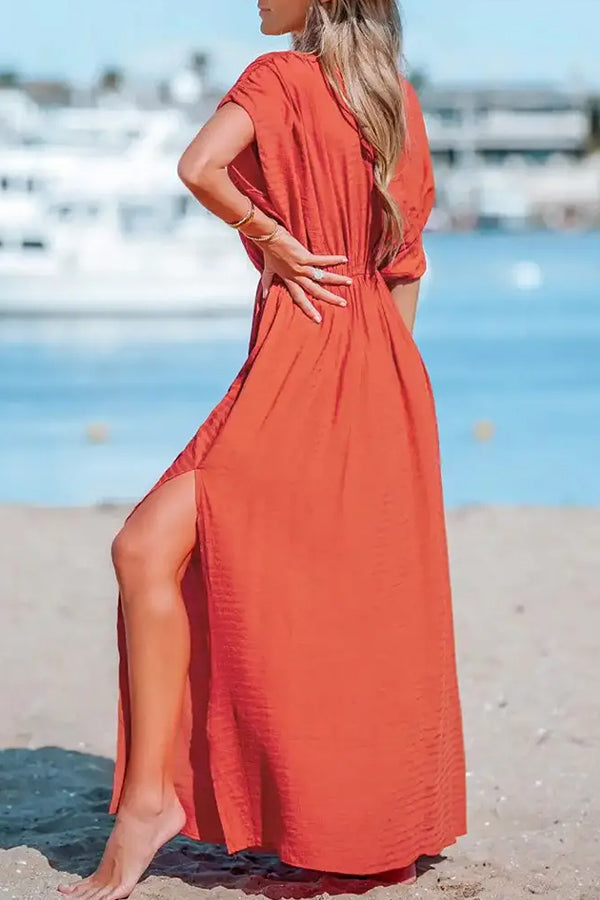 LM | Overcut neckline Split hem Gathered maxi dress