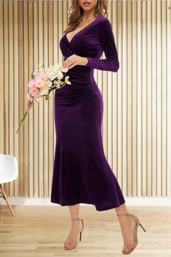 LM | Solid Velvet Long Sleeve V-Neck Slim Fit Fishtail Maxi Dress