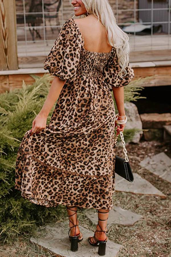 LM | Brown Leopard Print Puff Sleeve Ricrac Maxi Dress