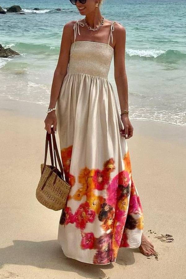 LM | Hidden Garden Satin Floral Print Smocked Off Shoulder Maxi Dress
