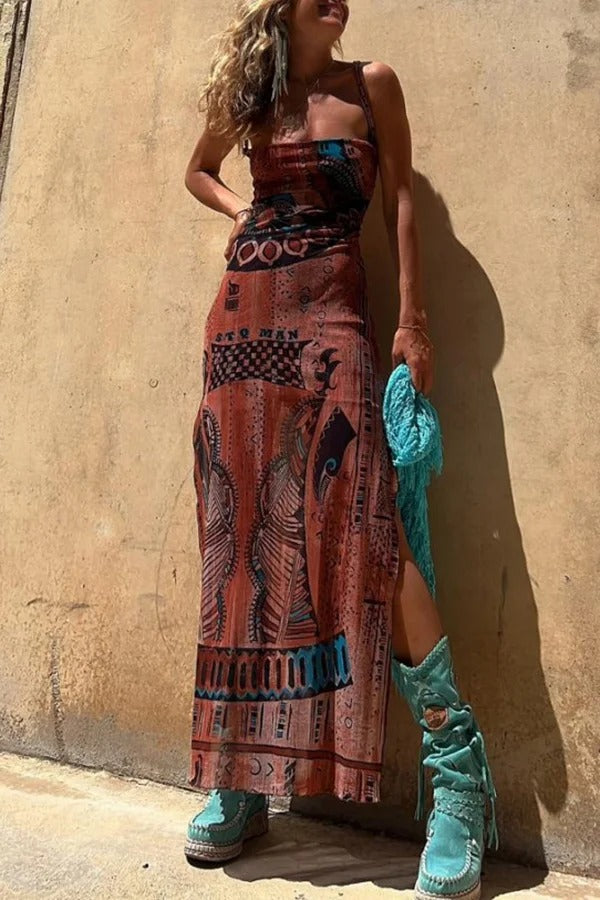 LM | Gypsy Style Unique Print Cowl Neck Back Lace Up Slit Midi Dress