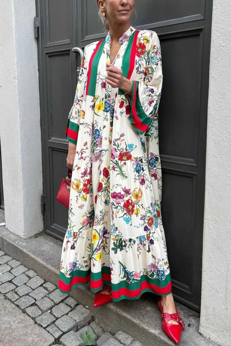 LM | Resort Floral Print Bell Sleeve Maxi Dress
